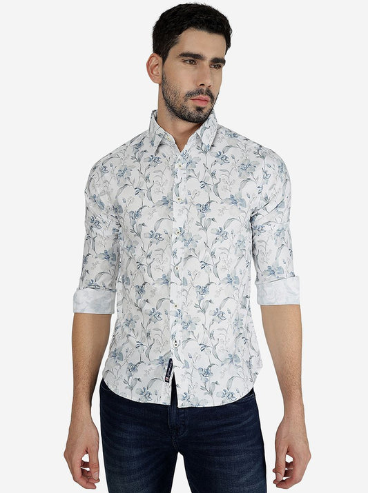 White Printed Slim Fit Casual Shirt | Greenfibre