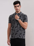Grey Printed Slim Fit Polo T-Shirt | Greenfibre
