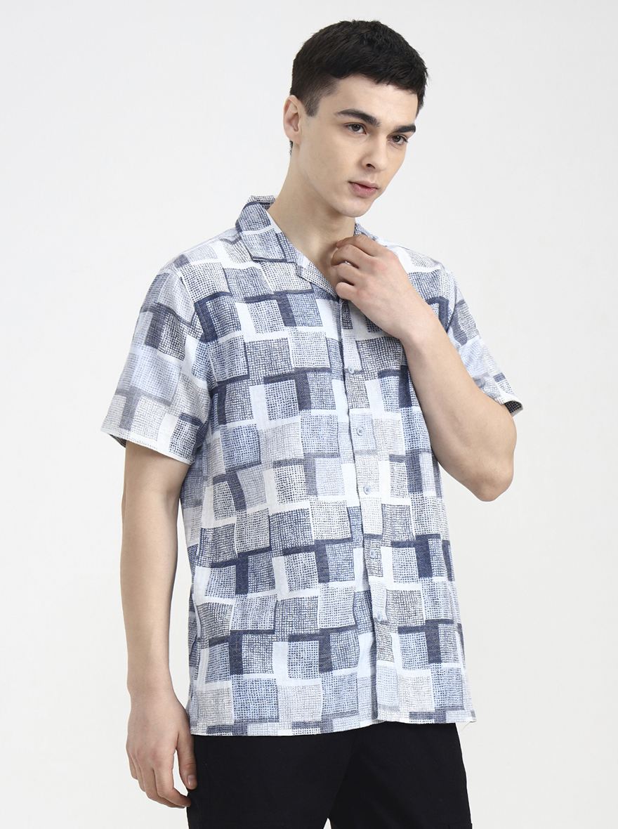 Blue Printed Slim Fit Casual Shirt | Greenfibre