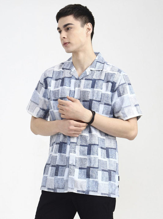 Blue Printed Slim Fit Casual Shirt | Greenfibre