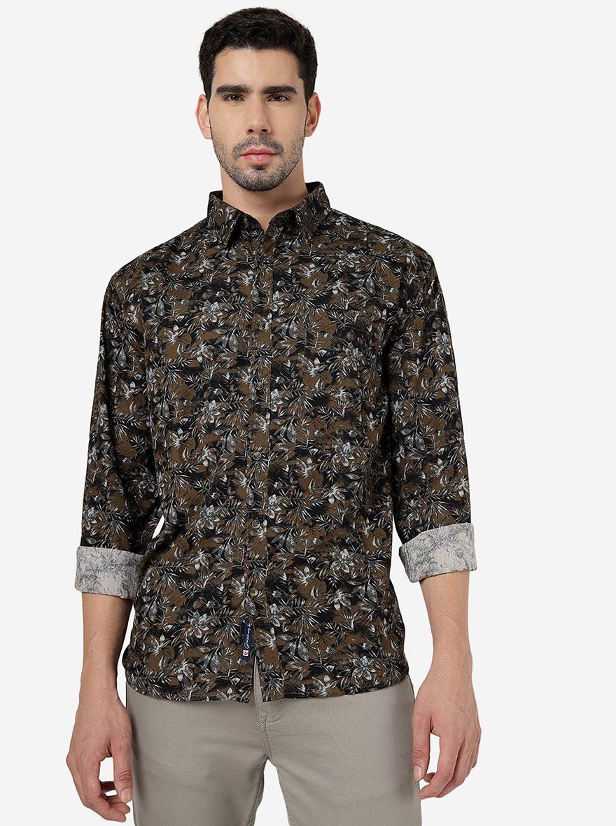 Fossil Grey Printed Slim Fit Casual Shirt | Greenfibre