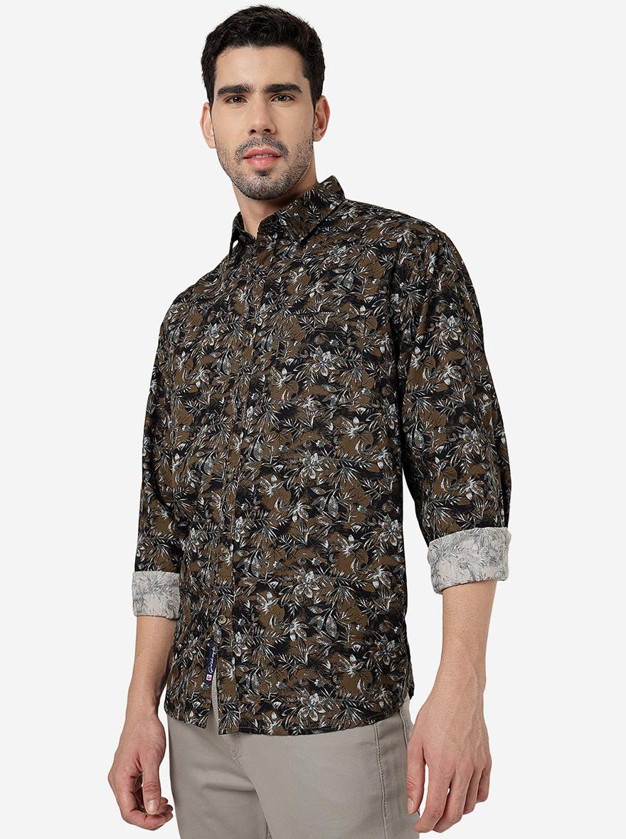 Fossil Grey Printed Slim Fit Casual Shirt | Greenfibre