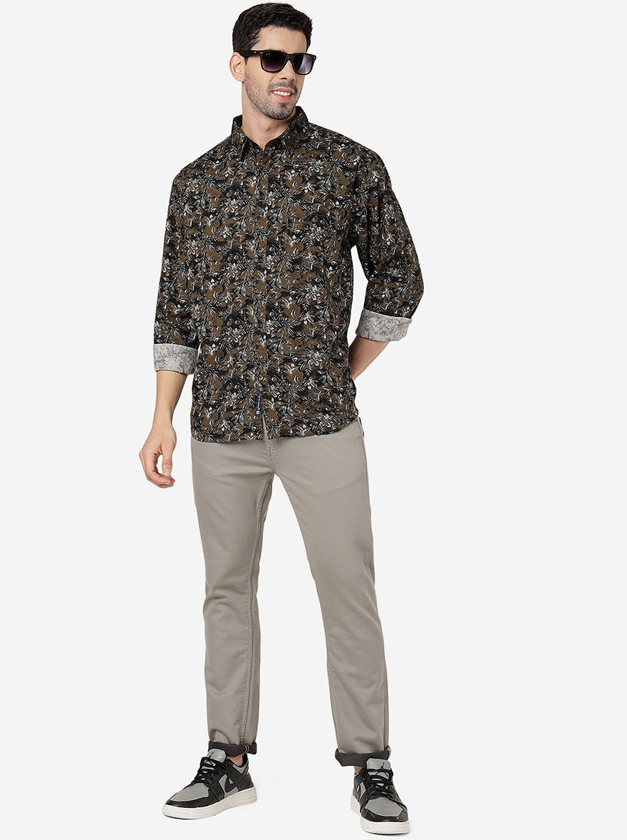 Fossil Grey Printed Slim Fit Casual Shirt | Greenfibre