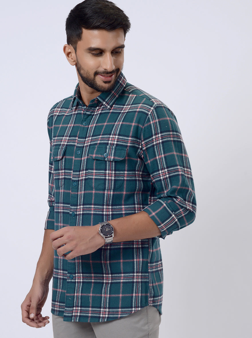 Green Checked Slim Fit Casual Shirt | JadeBlue
