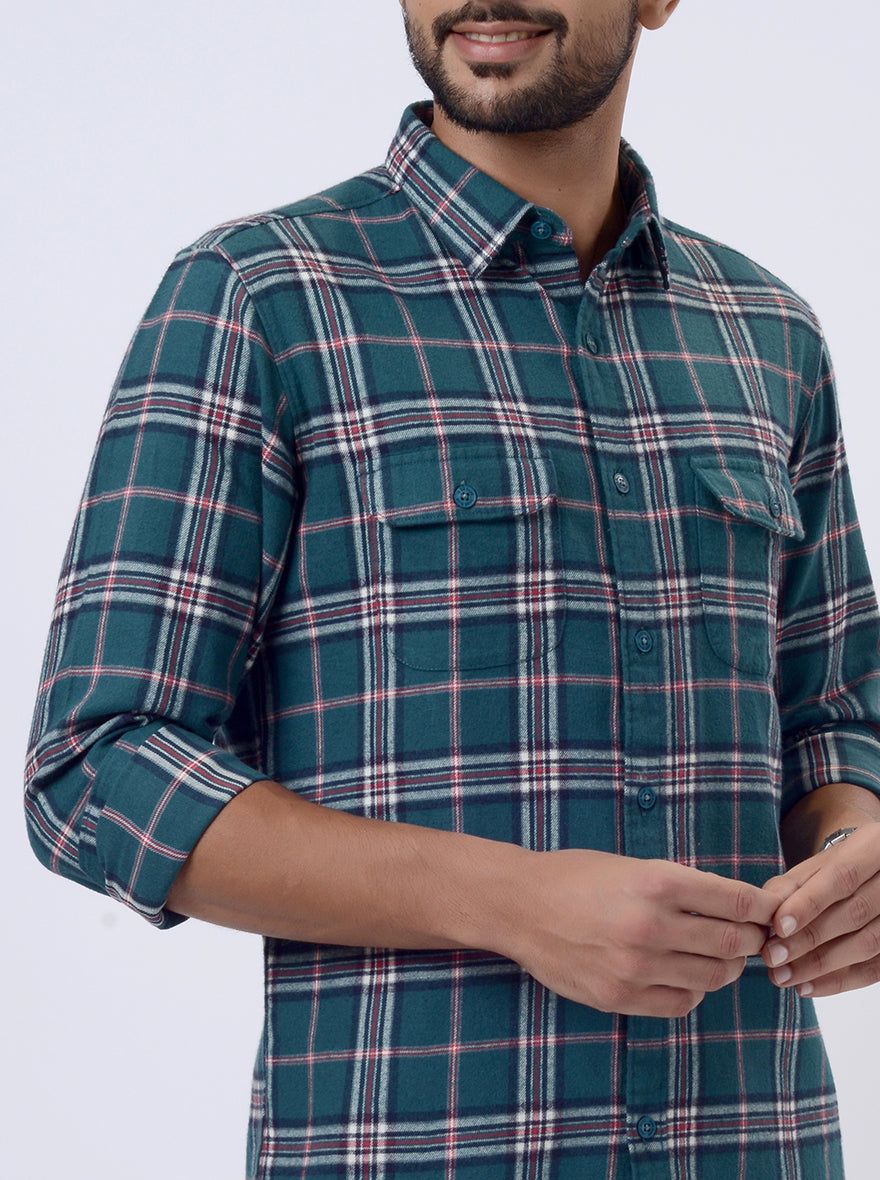 Green Checked Slim Fit Casual Shirt | JadeBlue
