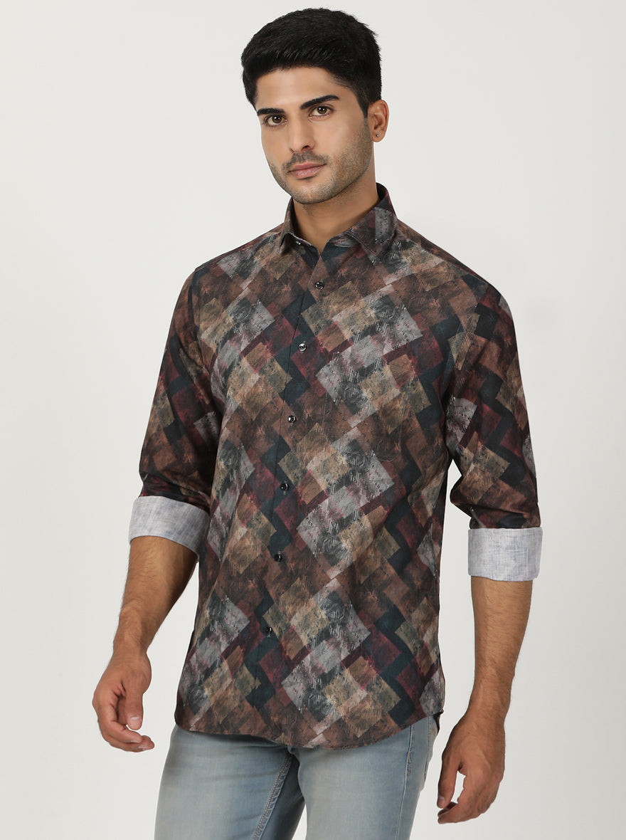Brown Printed Slim Fit Party Wear Shirt | Greenfibre