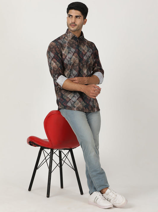 Brown Printed Slim Fit Party Wear Shirt | Greenfibre