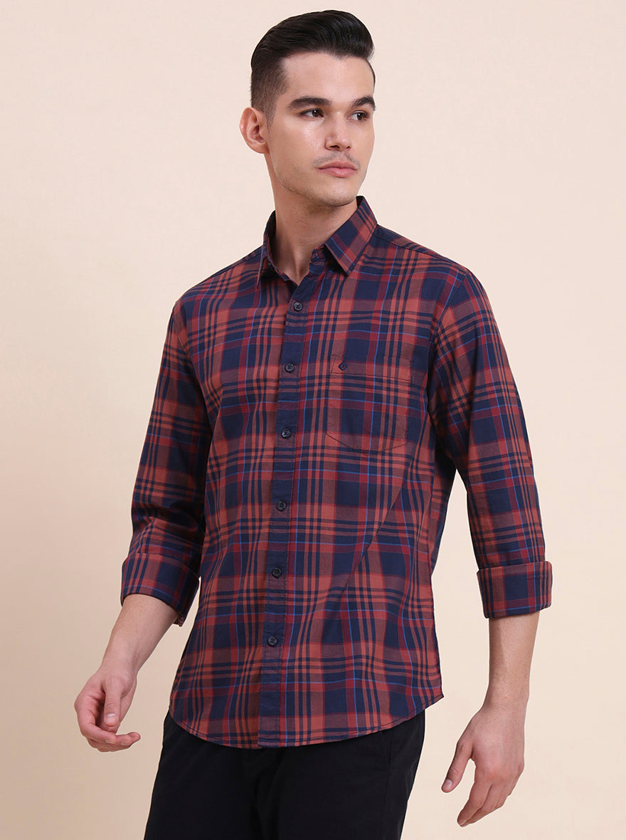 Navy Blue Checked Slim Fit Casual Shirt | Greenfibre