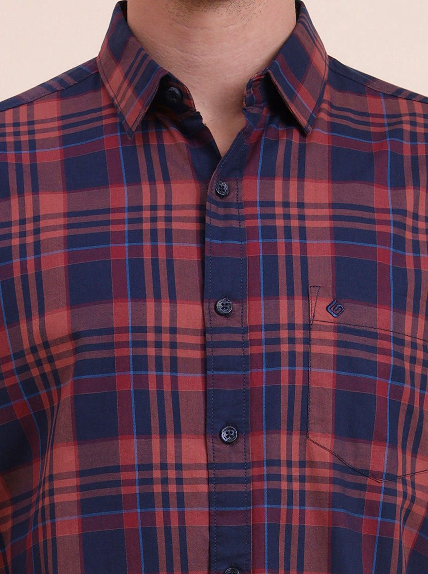 Navy Blue Checked Slim Fit Casual Shirt | Greenfibre
