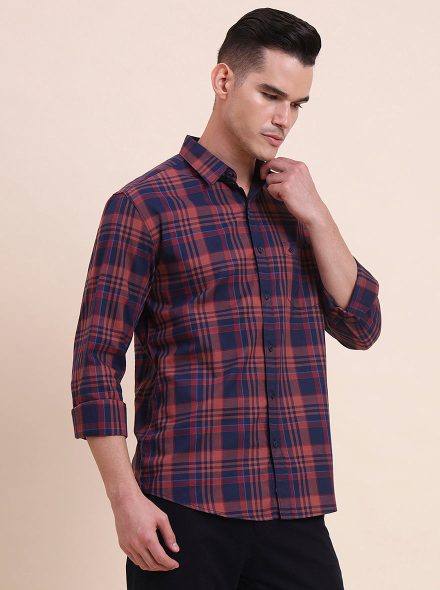 Navy Blue Checked Slim Fit Casual Shirt | Greenfibre