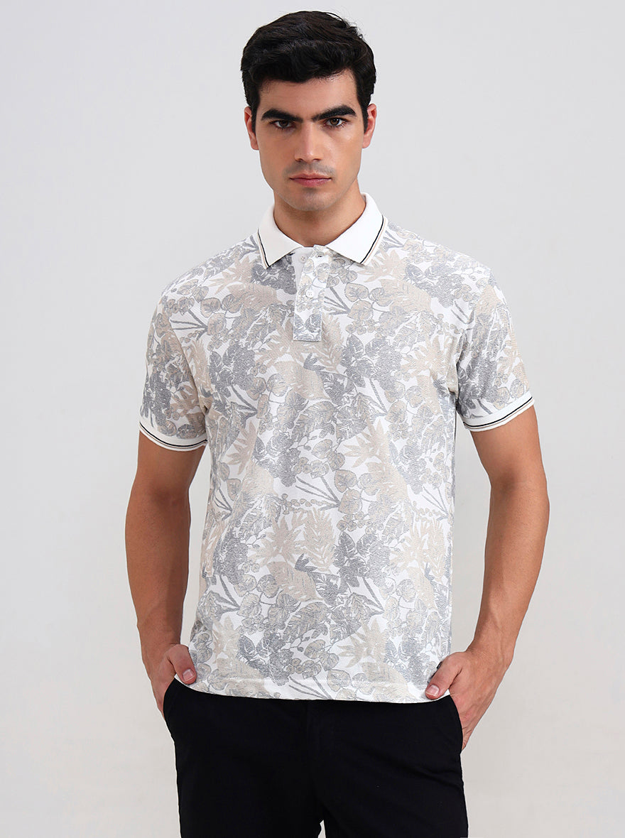 White Printed Slim Fit Polo T-Shirt | Greenfibre