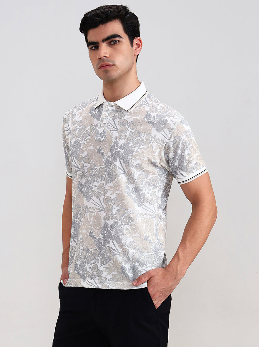 White Printed Slim Fit Polo T-Shirt | Greenfibre