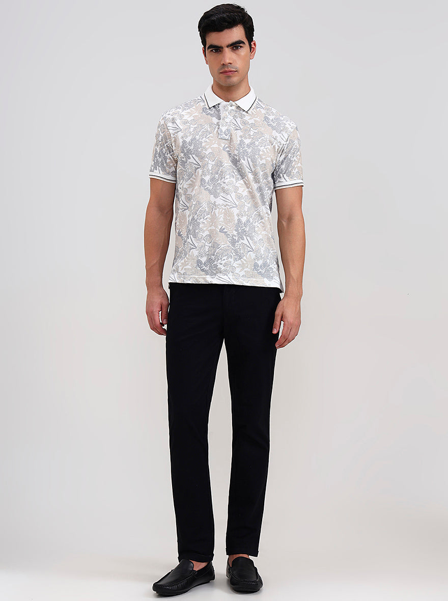 White Printed Slim Fit Polo T-Shirt | Greenfibre