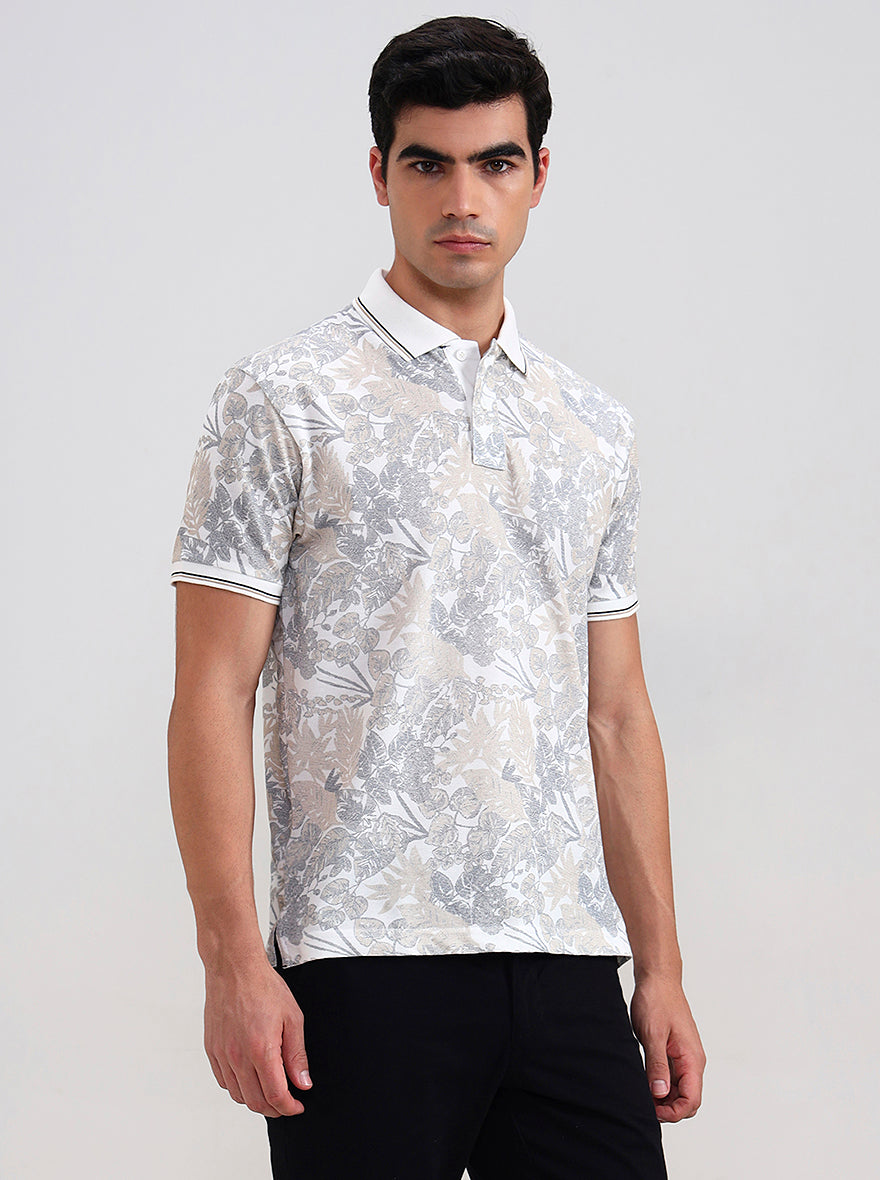 White Printed Slim Fit Polo T-Shirt | Greenfibre