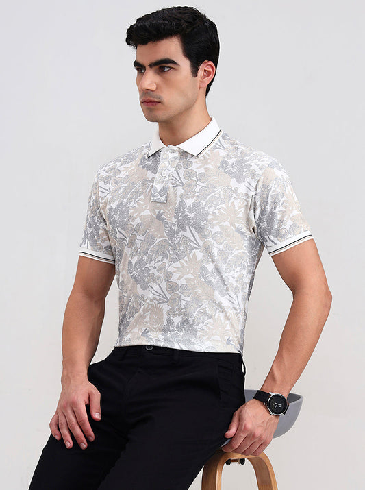 White Printed Slim Fit Polo T-Shirt | Greenfibre