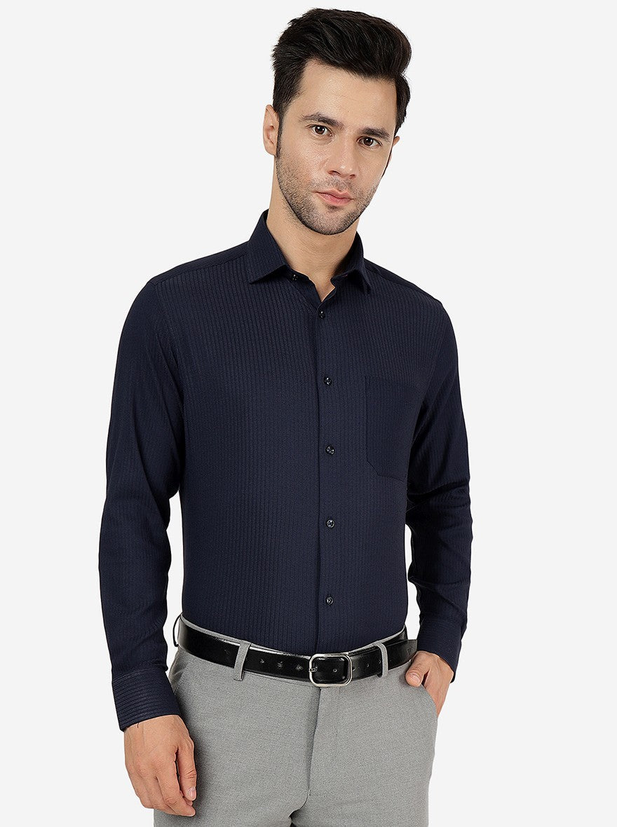 Navy Blue Striped Slim Fit Party Wear Shirt | Greenfibre