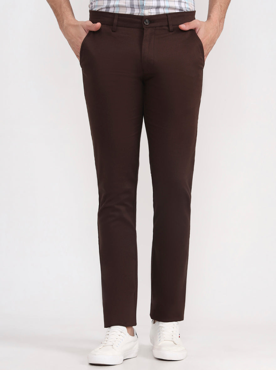 Dark Brown Solid Super Slim Fit Casual Trouser | Greenfibre