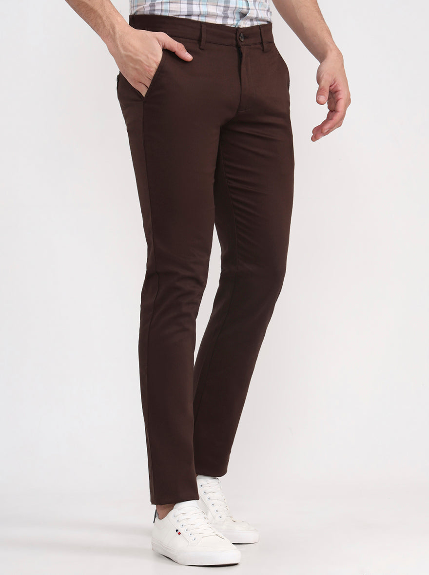 Dark Brown Solid Super Slim Fit Casual Trouser | Greenfibre
