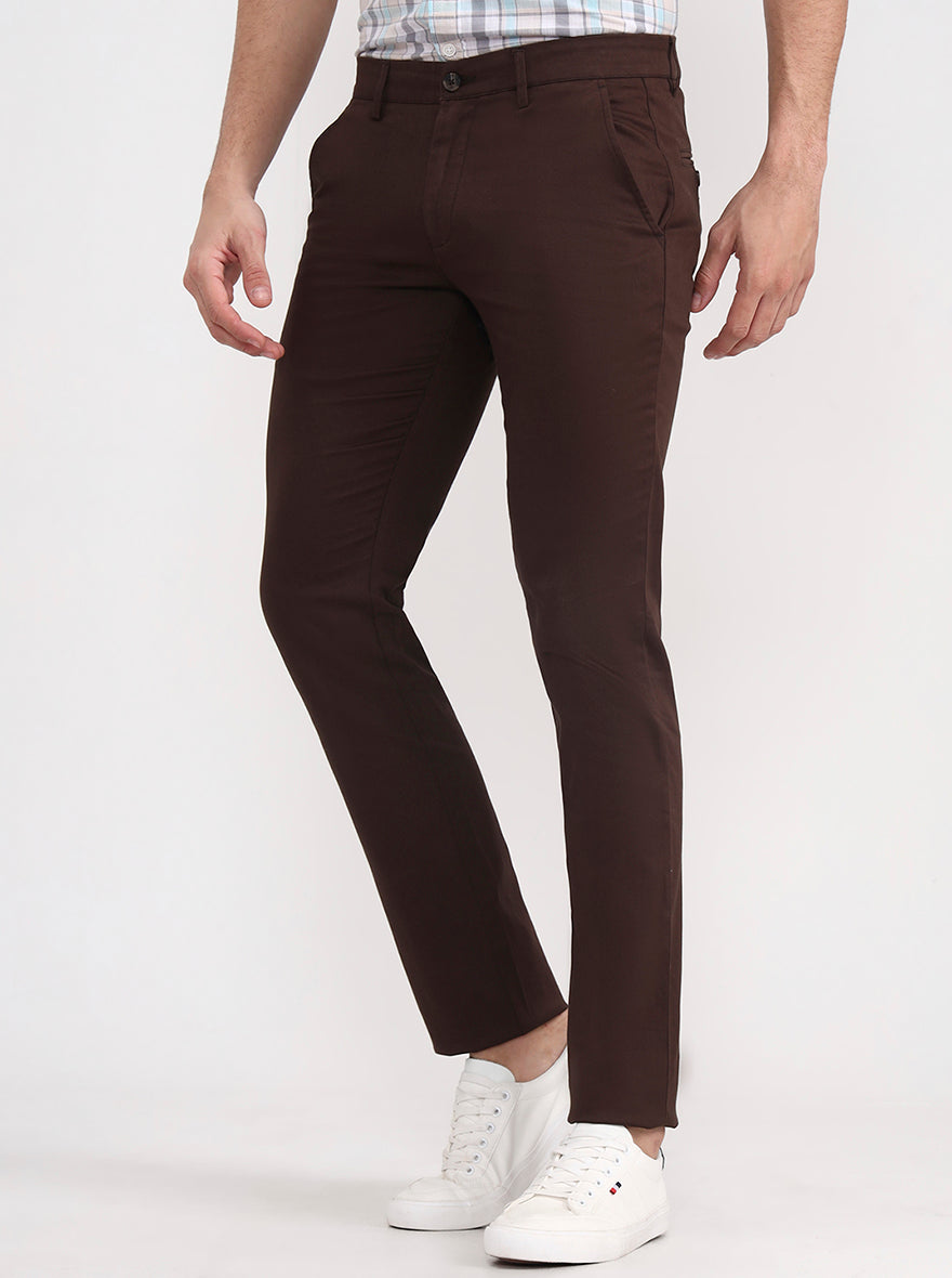 Dark Brown Solid Super Slim Fit Casual Trouser | Greenfibre