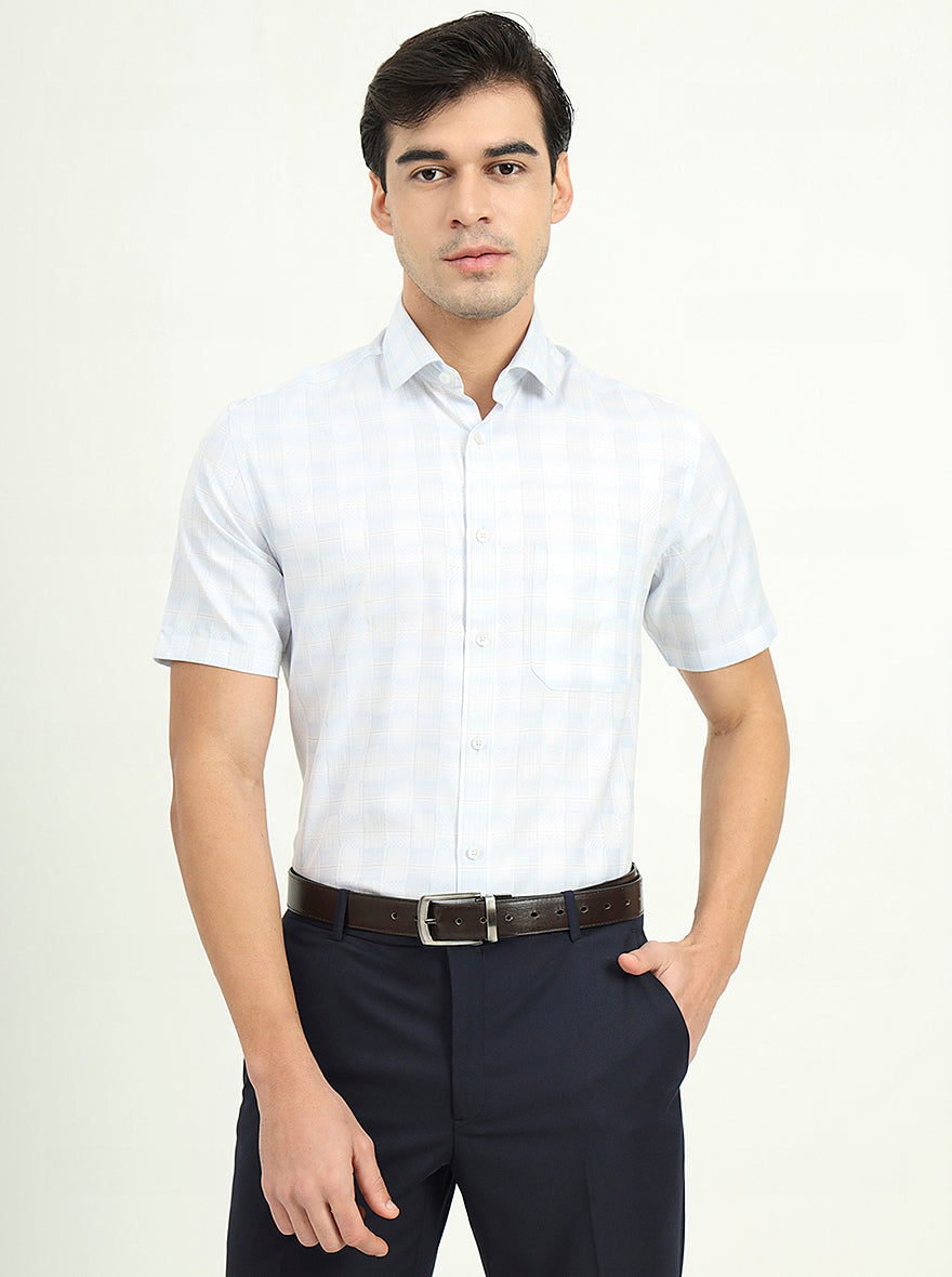 Sea Blue & Grey Checked Regular Fit Formal Shirt | Greenfire