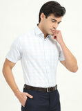 Sea Blue & Grey Checked Regular Fit Formal Shirt | Greenfibre