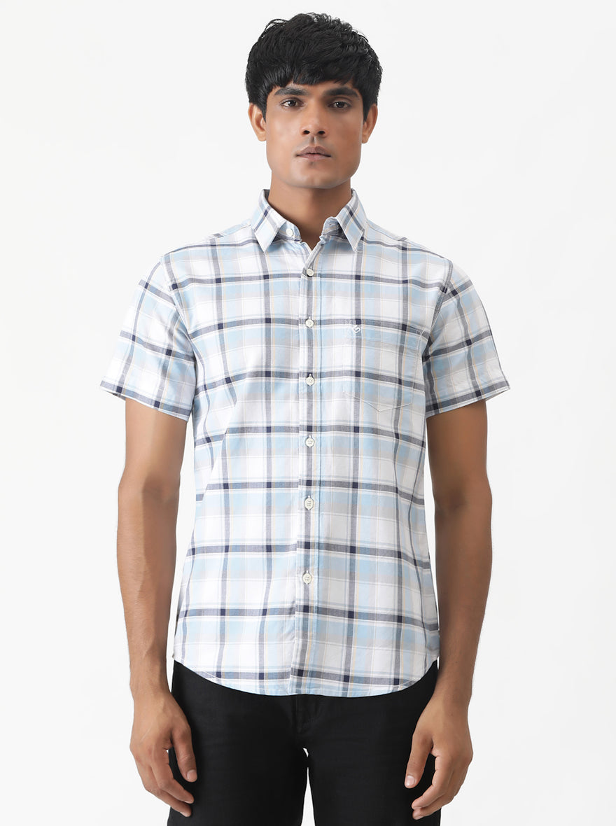 Light Blue Checked Slim Fit Casual Shirt | Greenfibre