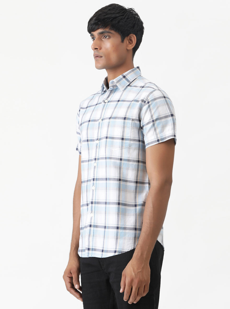 Light Blue Checked Slim Fit Casual Shirt | Greenfibre