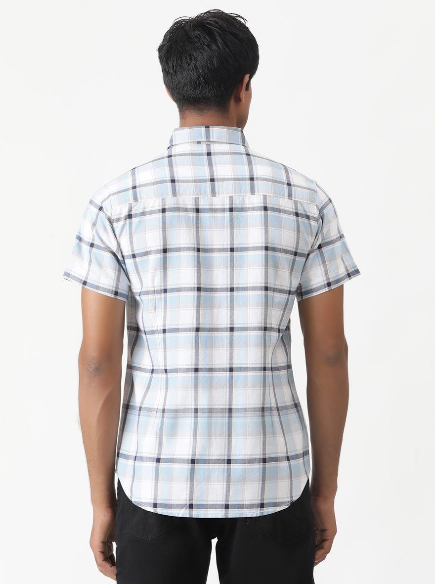 Light Blue Checked Slim Fit Casual Shirt | Greenfibre