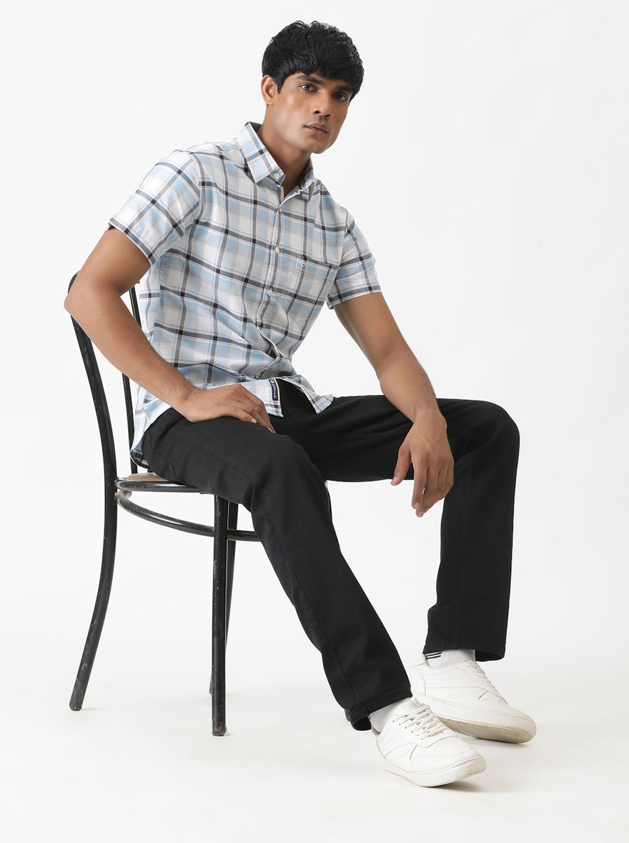 Light Blue Checked Slim Fit Casual Shirt | Greenfibre