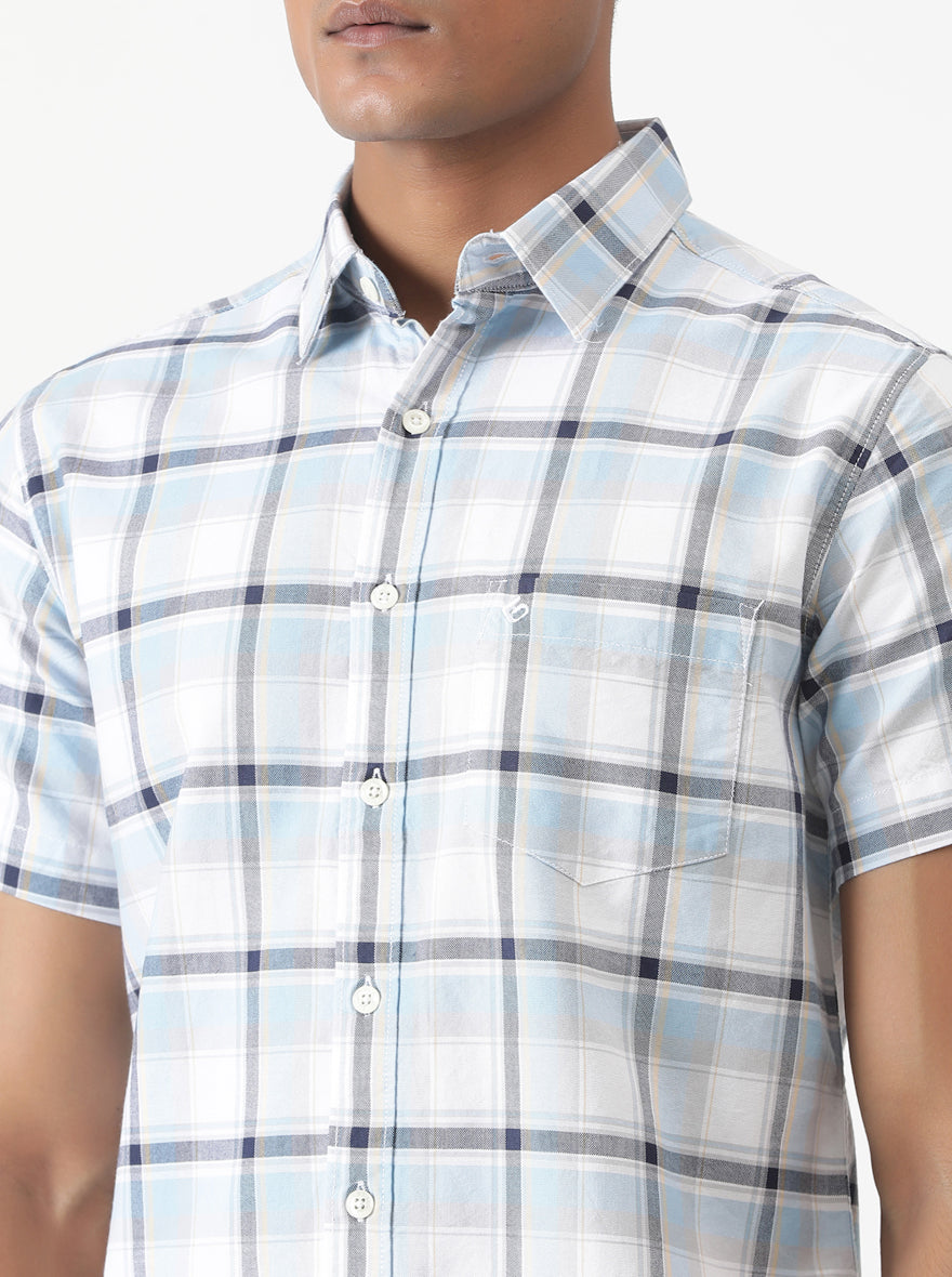 Light Blue Checked Slim Fit Casual Shirt | Greenfibre