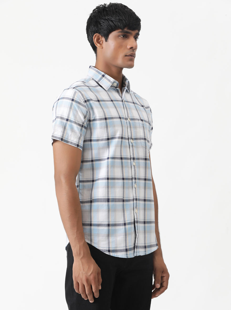 Light Blue Checked Slim Fit Casual Shirt | Greenfibre