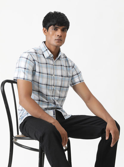 Light Blue Checked Slim Fit Casual Shirt | Greenfibre