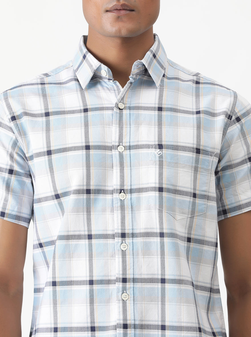 Light Blue Checked Slim Fit Casual Shirt | Greenfibre