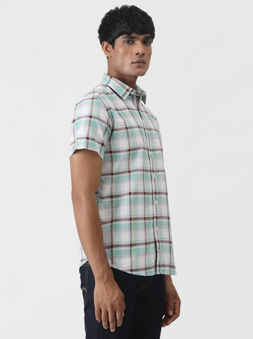 Light Green Checked Slim Fit Casual Shirt | Greenfibre