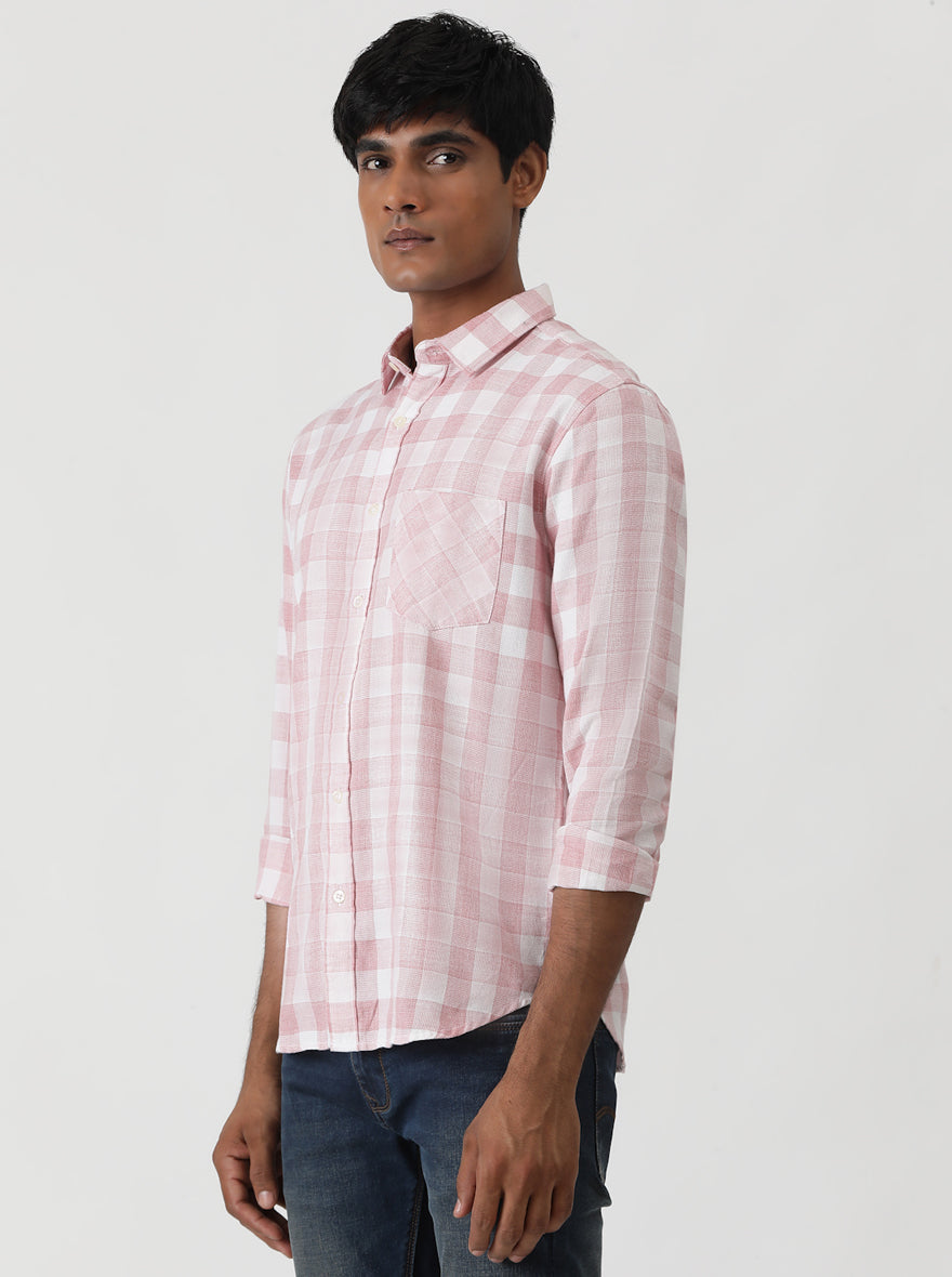 Pink Checked Slim Fit Casual Shirt | Greenfibre