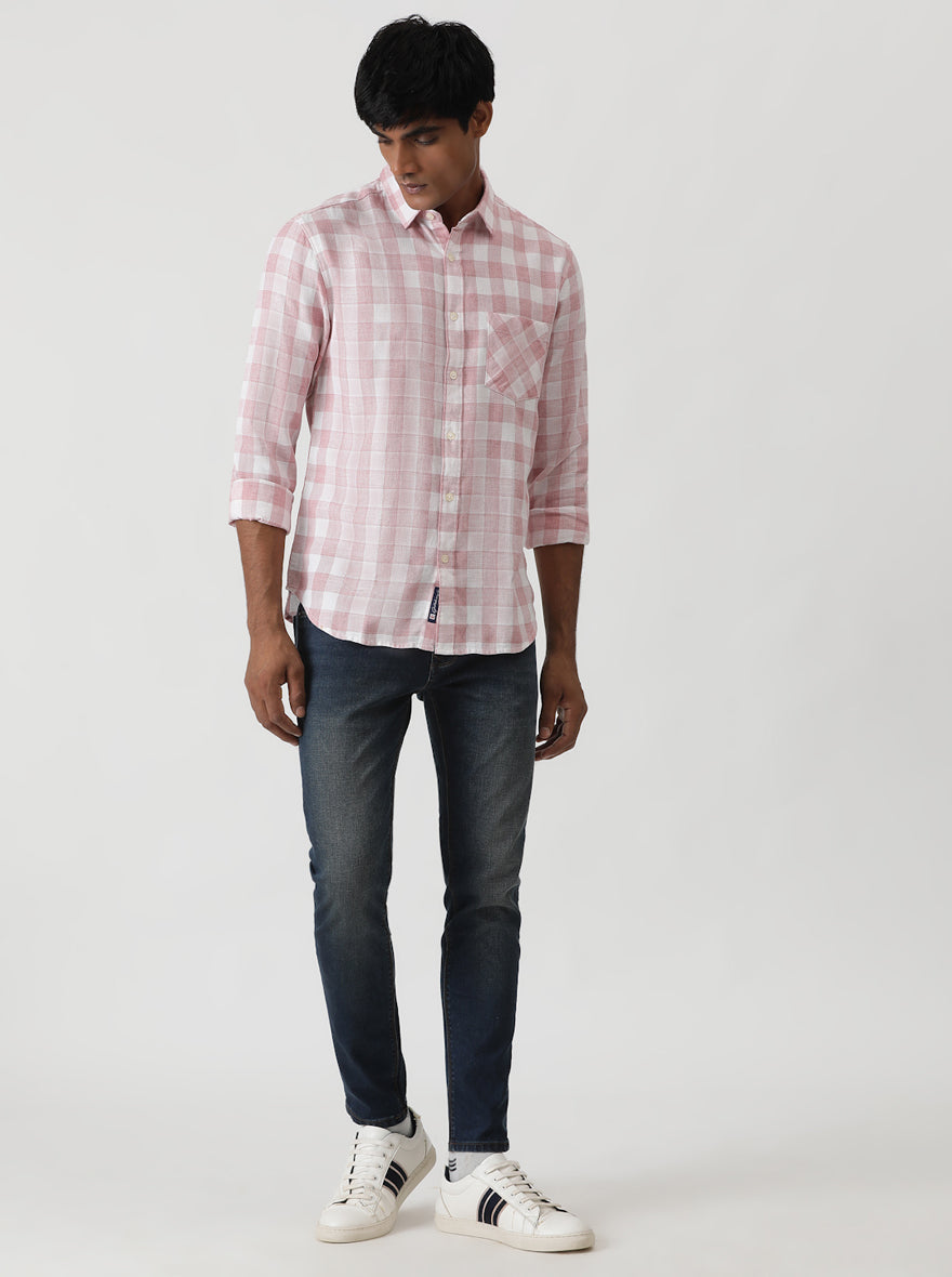 Pink Checked Slim Fit Casual Shirt | Greenfibre