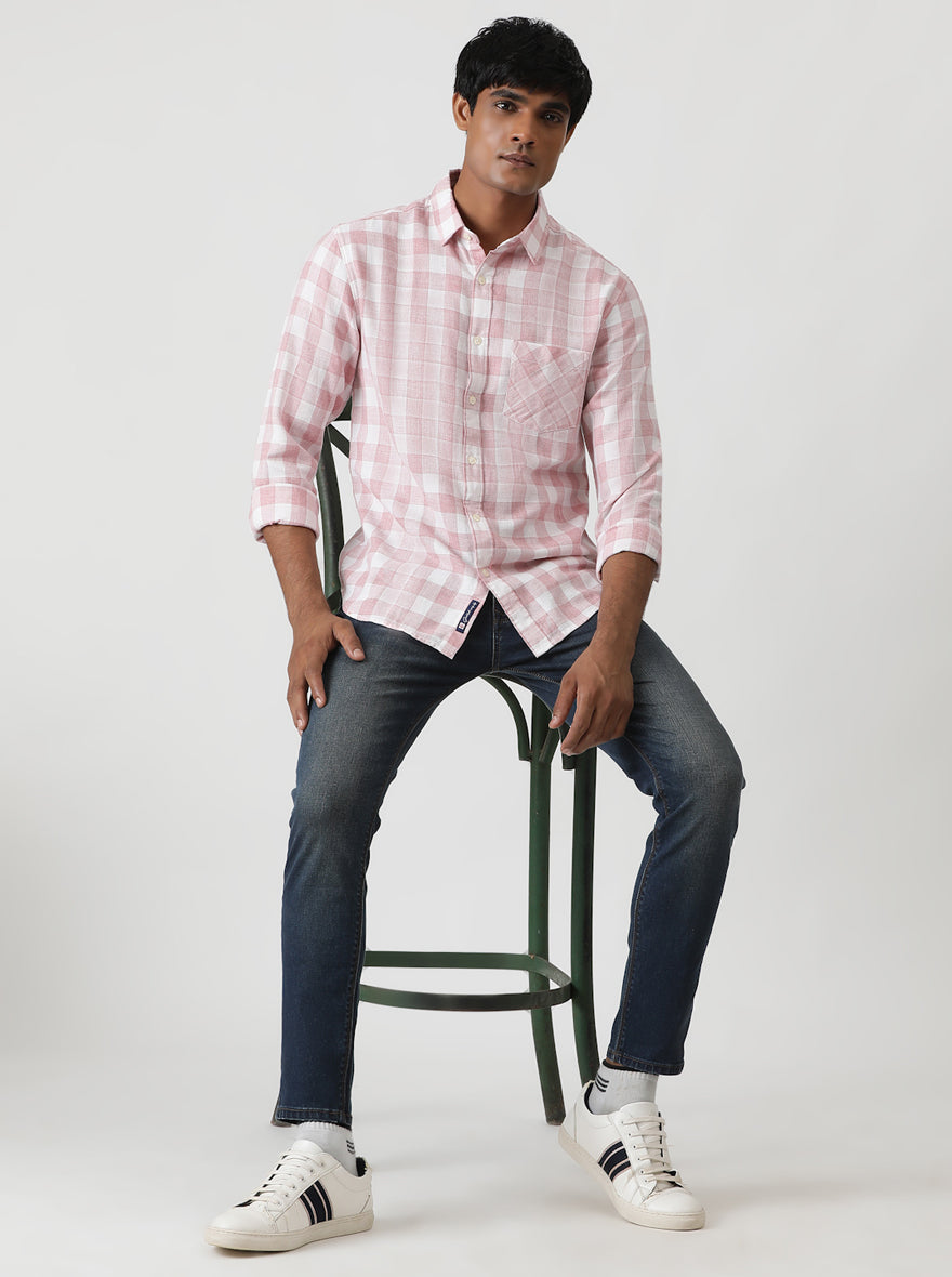 Pink Checked Slim Fit Casual Shirt | Greenfibre