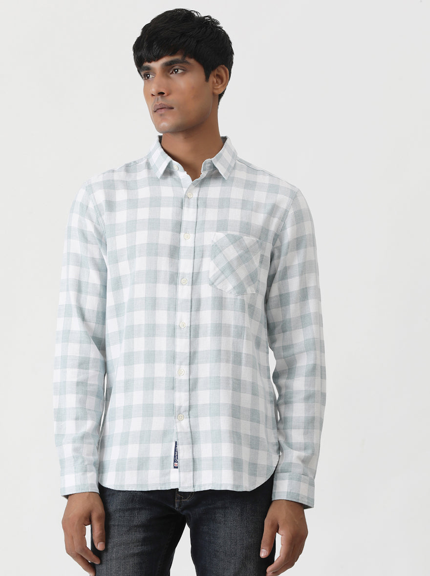 Light Green Checked Slim Fit Casual Shirt | Greenfibre