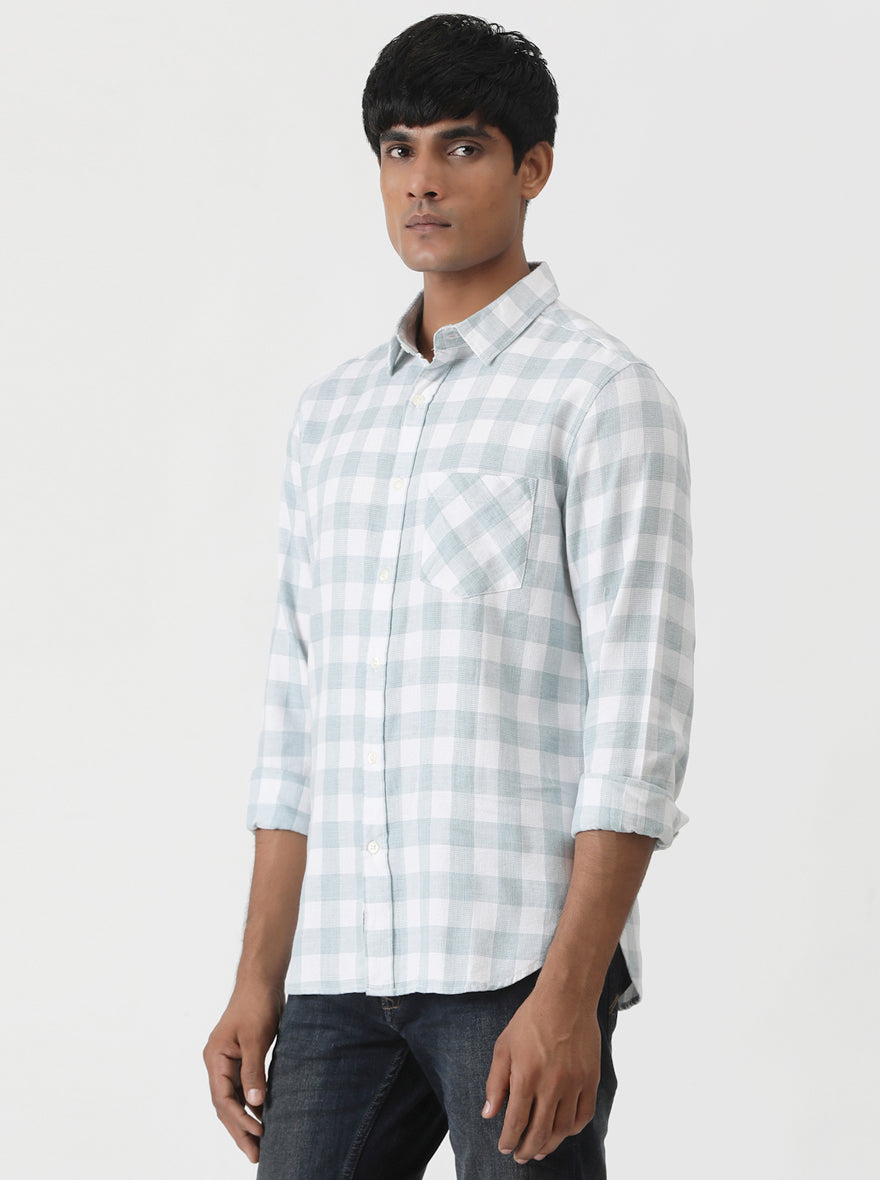 Light Green Checked Slim Fit Casual Shirt | Greenfibre