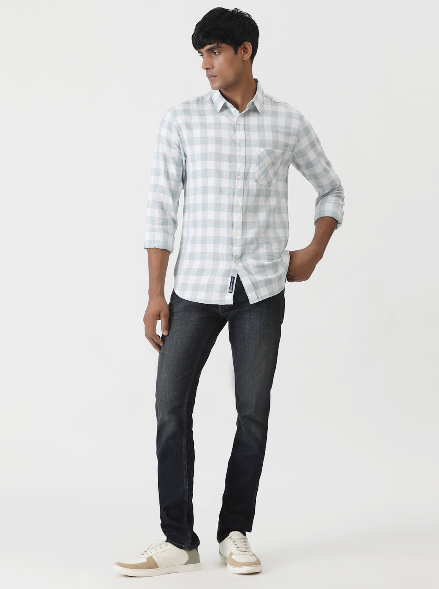 Light Green Checked Slim Fit Casual Shirt | Greenfibre