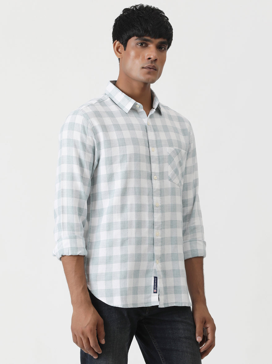 Light Green Checked Slim Fit Casual Shirt | Greenfibre