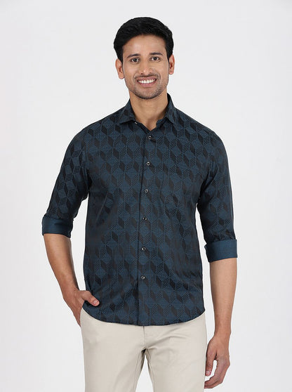 Blue Printed Slim Fit Party Wear Shirt | Greenfibre