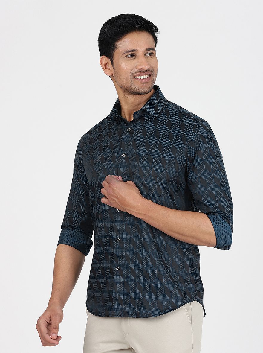 Blue Printed Slim Fit Party Wear Shirt | Greenfibre