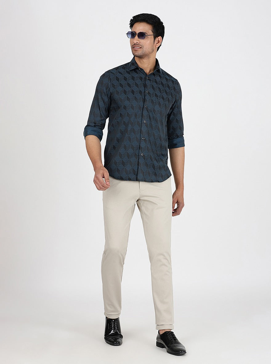 Blue Printed Slim Fit Party Wear Shirt | Greenfibre