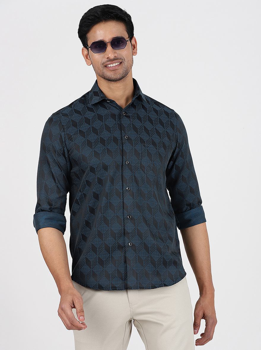 Blue Printed Slim Fit Party Wear Shirt | Greenfibre