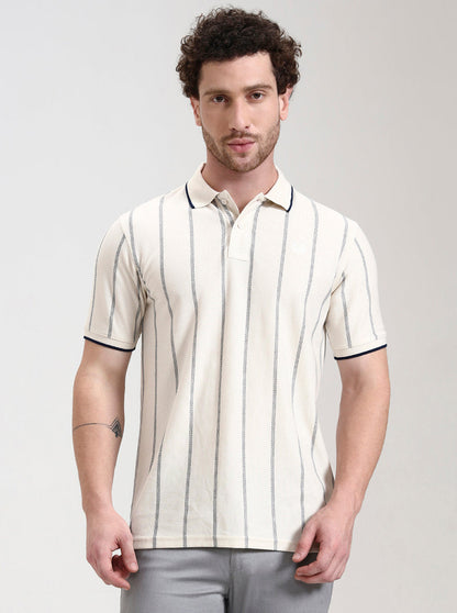 Off White Striped Slim Fit Polo T-Shirt | Greenfibre