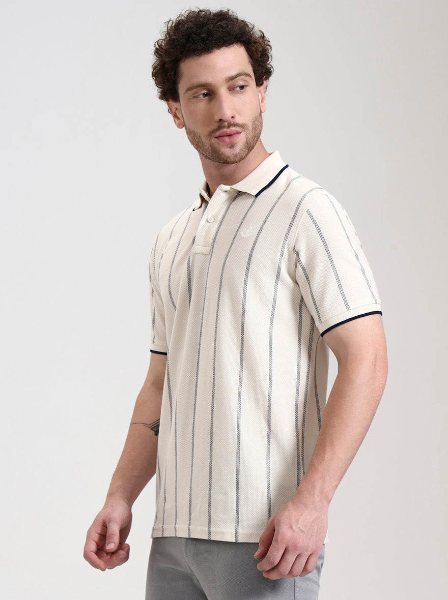 Off White Striped Slim Fit Polo T-Shirt | Greenfibre