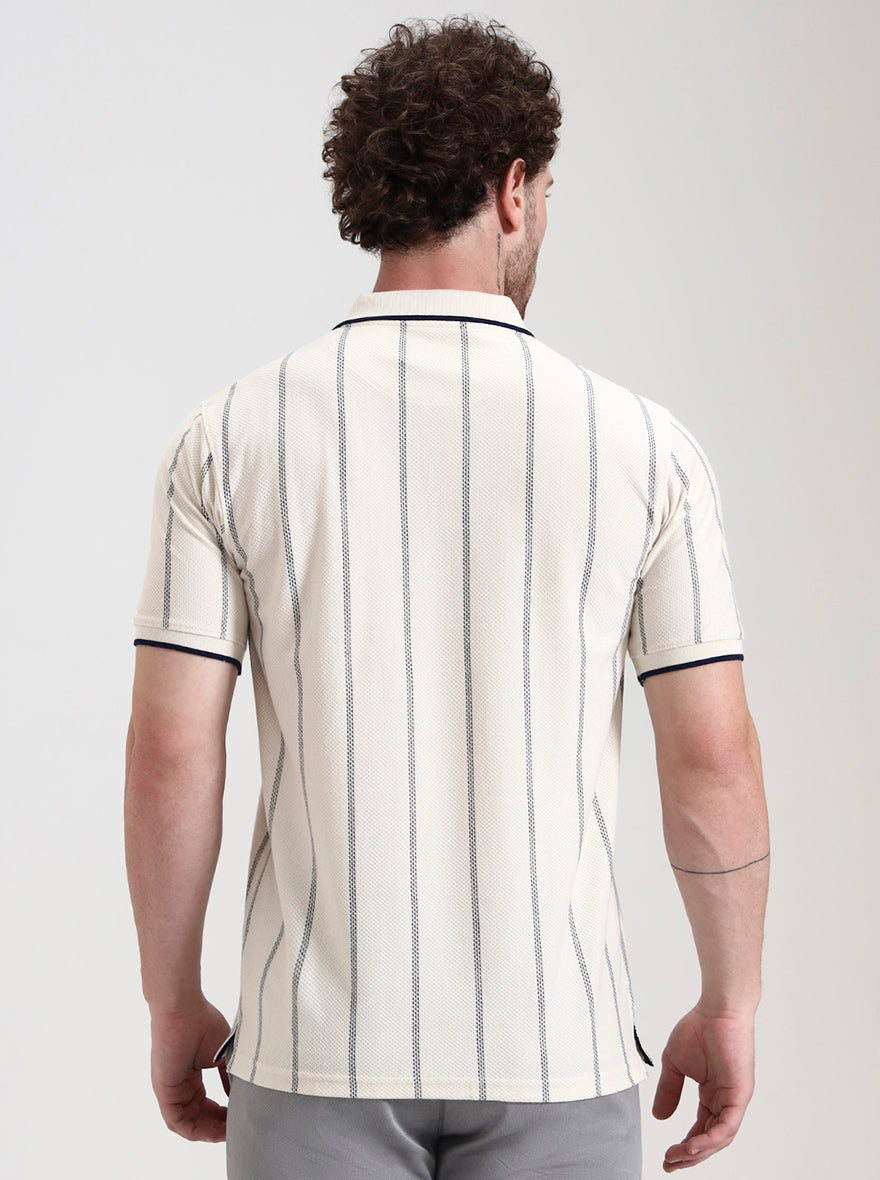 Off White Striped Slim Fit Polo T-Shirt | Greenfibre