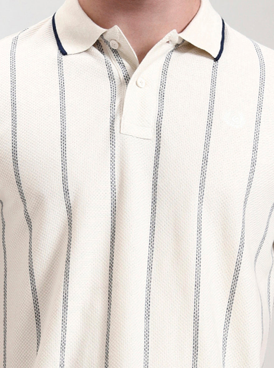 Off White Striped Slim Fit Polo T-Shirt | Greenfibre