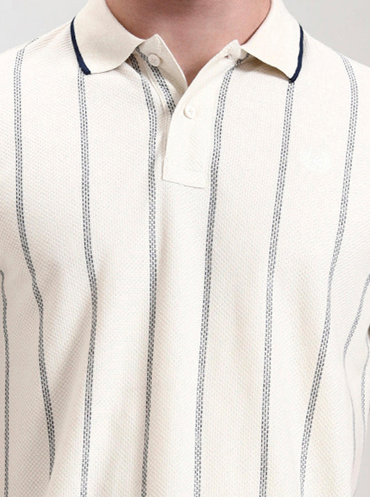 Off White Striped Slim Fit Polo T-Shirt | Greenfibre